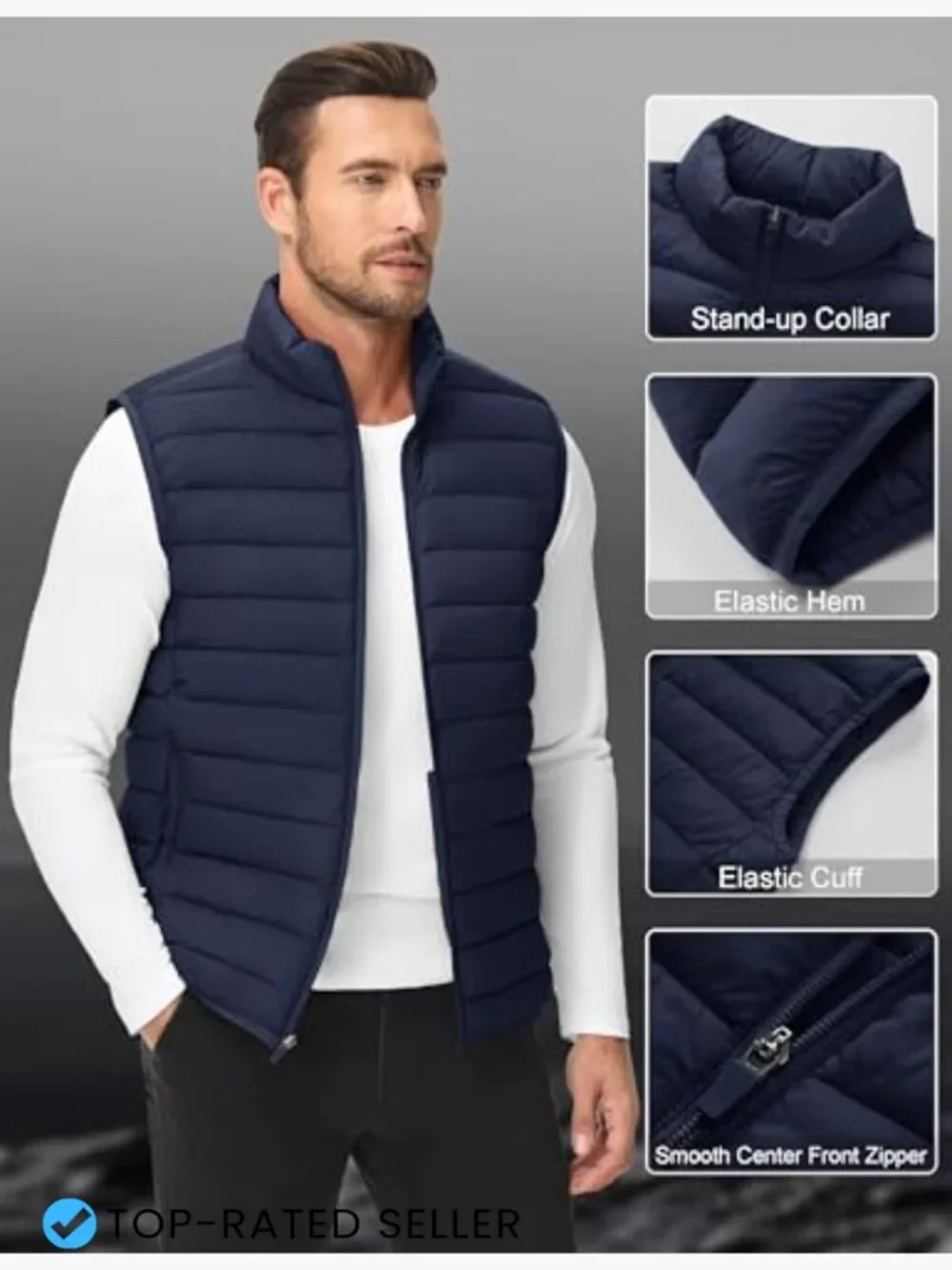 Men's Packable Insulated Vest Zip Pockets Water-Resistant Windproof Lightweight